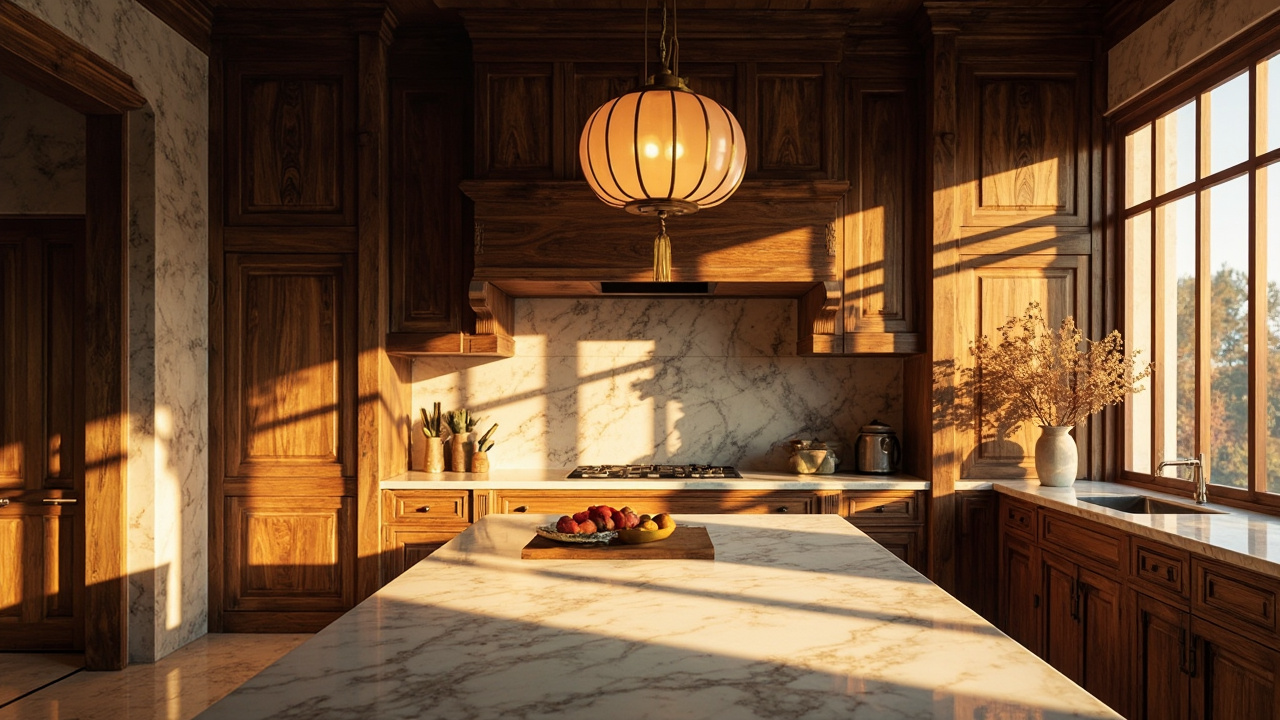 Dream kitchen design featuring rustic wood cabinets, a sleek marble island, and a vintage pendant light in warm afternoon light.