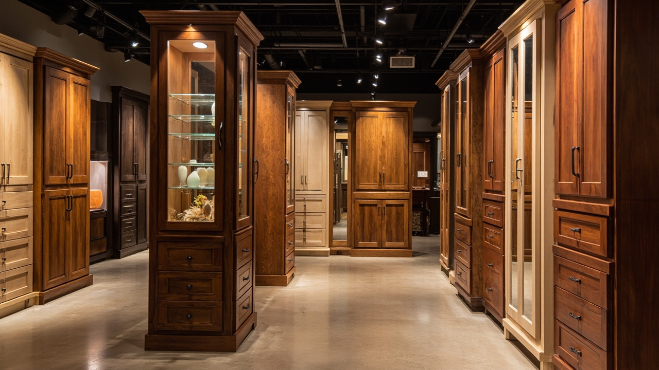 A variety of RTA closet styles in a Houston showroom showcasing different woods and finishes, highlighting custom cabinets and kitchen upgrades.
