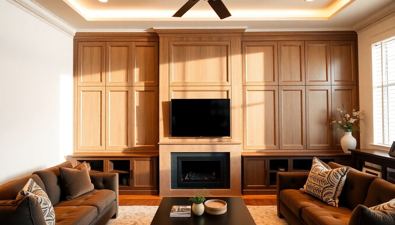 Detailed close-up of installed custom millwork panels on a living room wall, featuring subtle wood veining and flush integration for a seamless look, captured under warm ambient lighting to highlight home transformation through custom cabinetry in Houston.