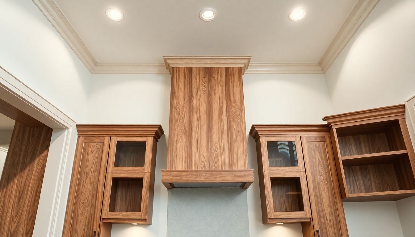 Wide-angle shot of various custom millwork elements including moldings, shelves, and panels arranged in a neutral interior space, highlighting wood textures and precise cuts for home transformation and custom cabinetry in Houston.