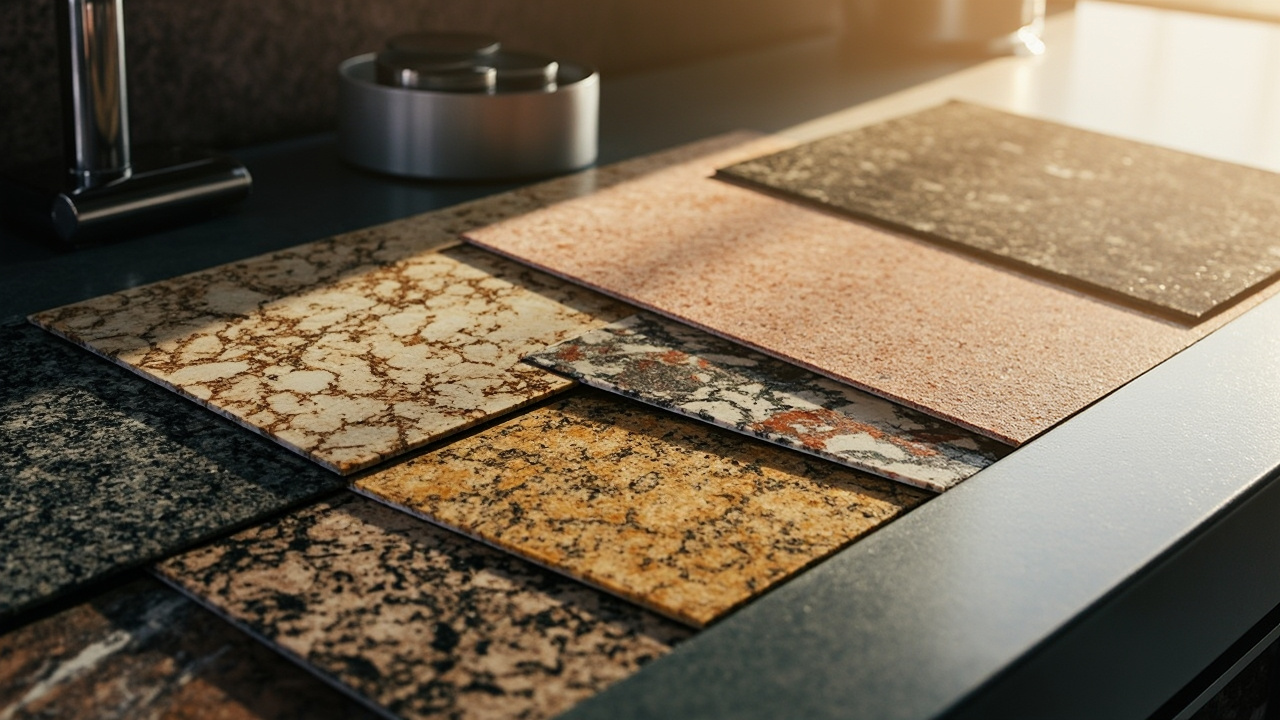 A selection of various granite color samples displayed on a home kitchen countertop under soft ambient lighting, showcasing high character granite and consistency in countertops.