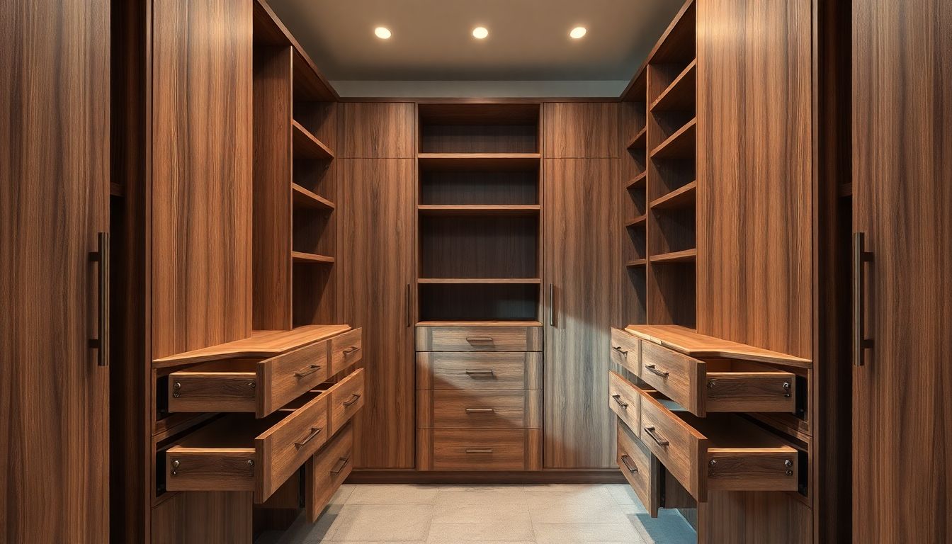 Wide shot of a custom walk-in closet corner in a dream closet design, featuring pull-out drawers and rotating storage units, soft diffused lighting, and earthy tones for accessibility and organization, Houston custom cabinetry style.