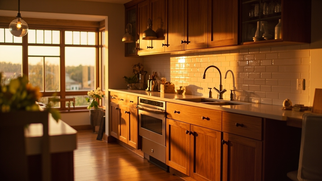 A cozy kitchen space post-remodel in warm evening light highlighting new cabinetry and modern finishes, captured with a Canon EOS R10, illustrating factors affecting kitchen remodel and kitchen cabinet cost.