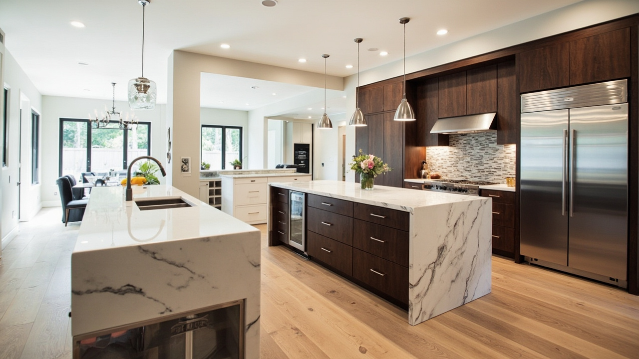 A contemporary kitchen with an island, showcasing modern finishes and layout design, discussing kitchen remodel price factors and cabinet cost.