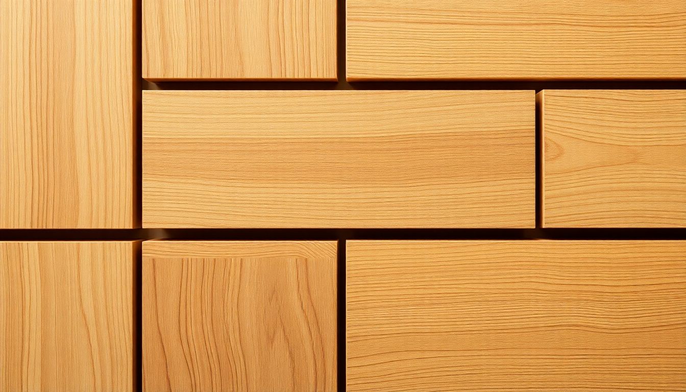 Abstract geometric arrangement of stacked wooden cabinet panels displaying layers of glossy sealant on durable cabinet materials, designed for low-maintenance cabinets in custom kitchen settings, captured in studio lighting to highlight textures and protective coatings.