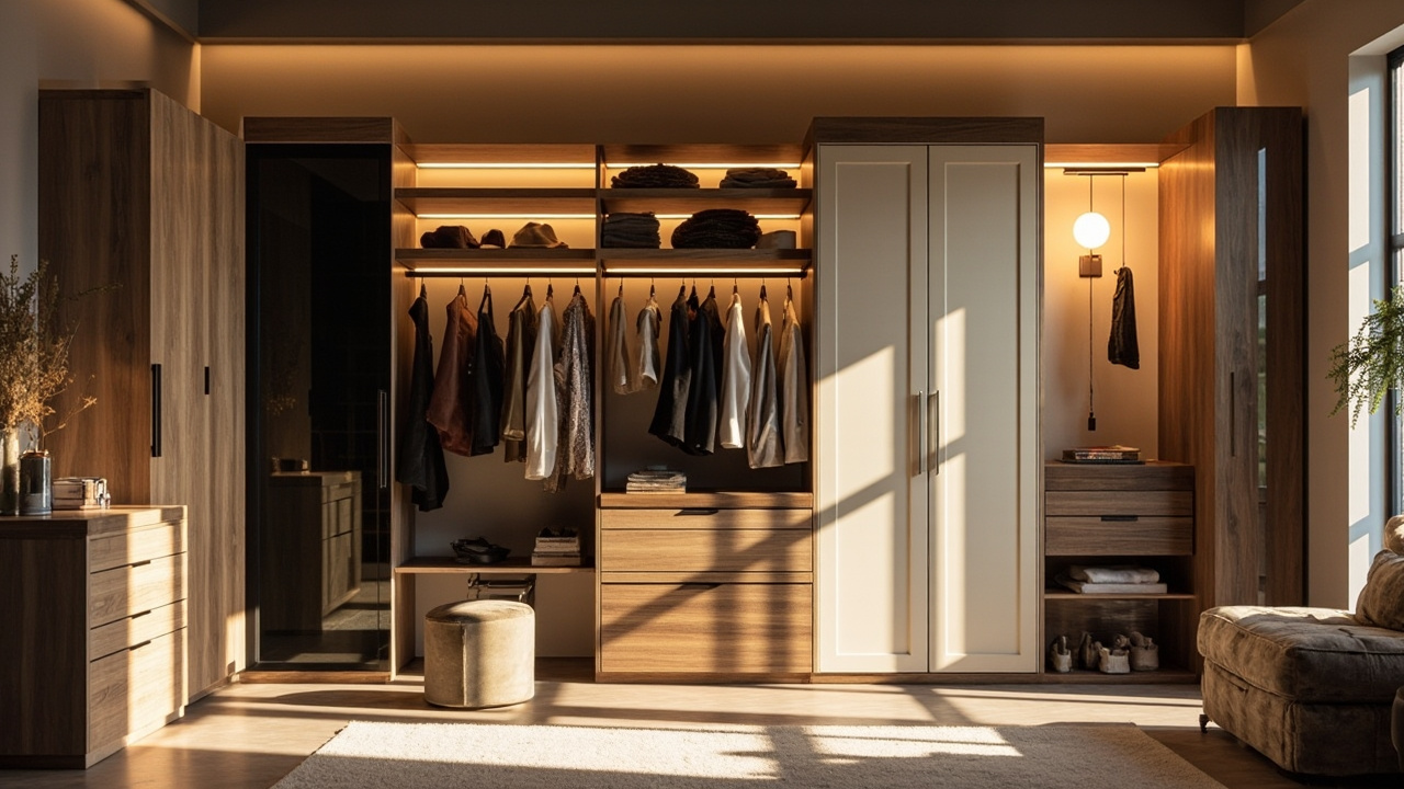 Elegant showroom displaying a range of RTA closets by Evita Cabinets, featuring diverse styles and finishes under accent lighting.