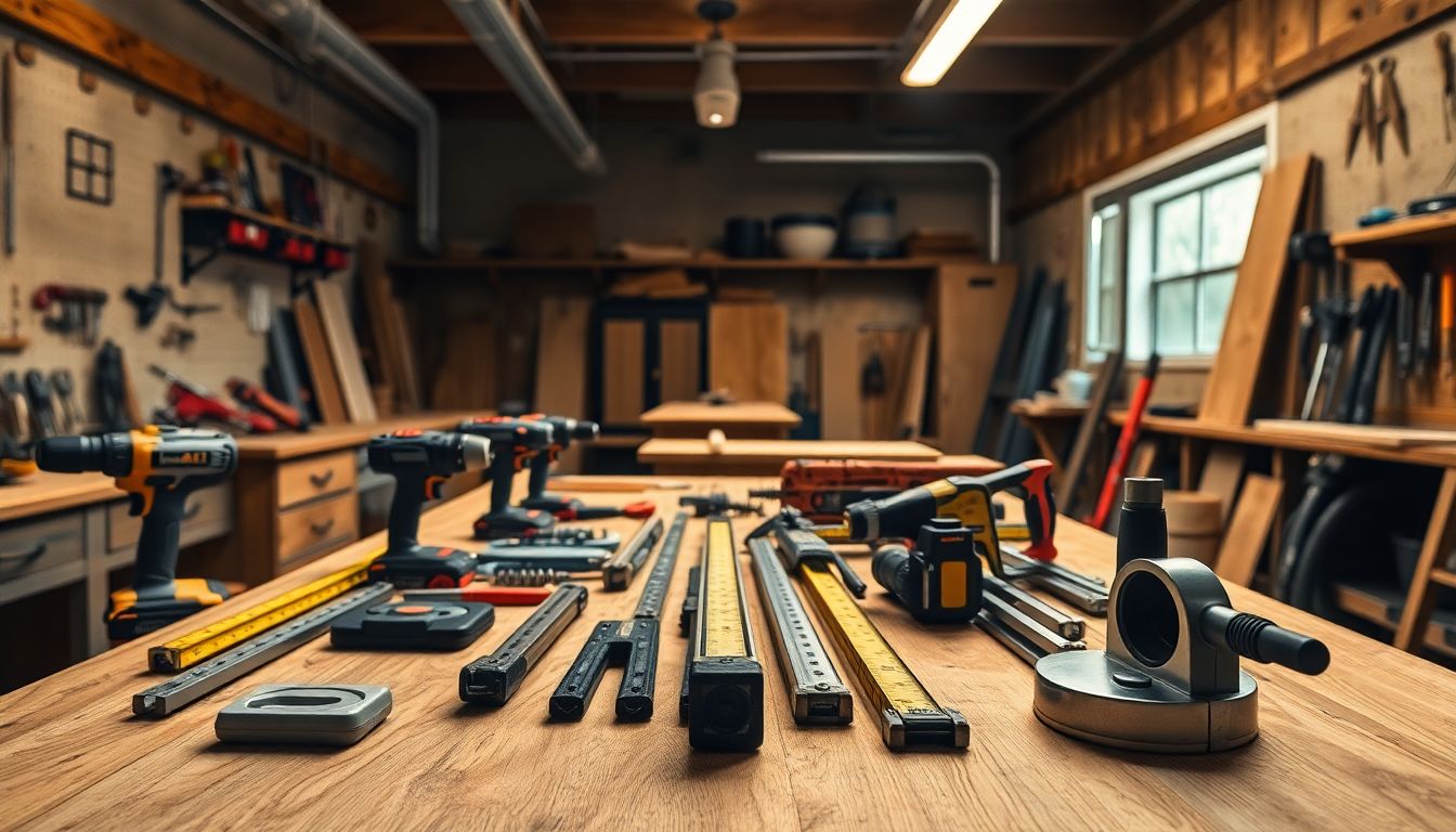 A wide-angle view of a neatly organized workbench in a workshop, displaying essential carpentry tools including drills, levels, tape measures, and clamps on a wooden surface, ideal for kitchen cabinet installation and custom kitchen cabinets projects, with warm lighting highlighting metal textures.