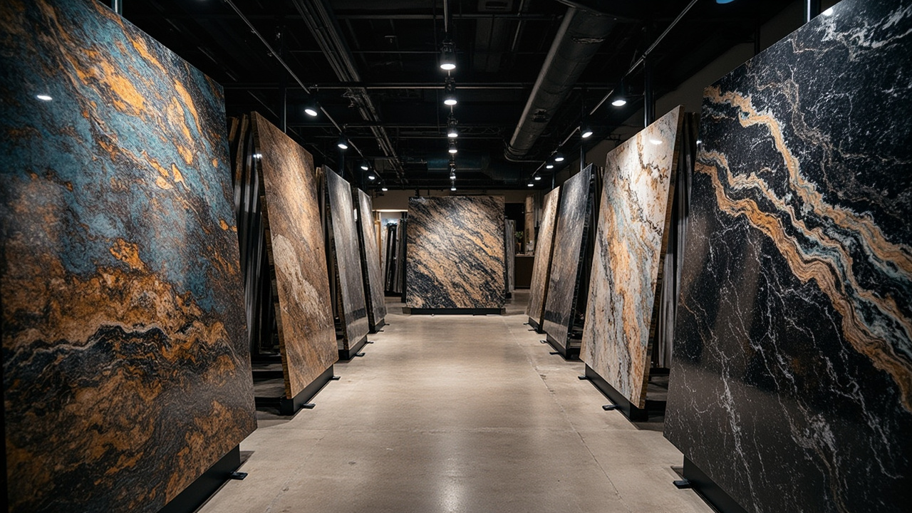 A variety of granite slabs in a showroom, showcasing unique patterns and colors, emphasizing high character granite and consistency in countertops.