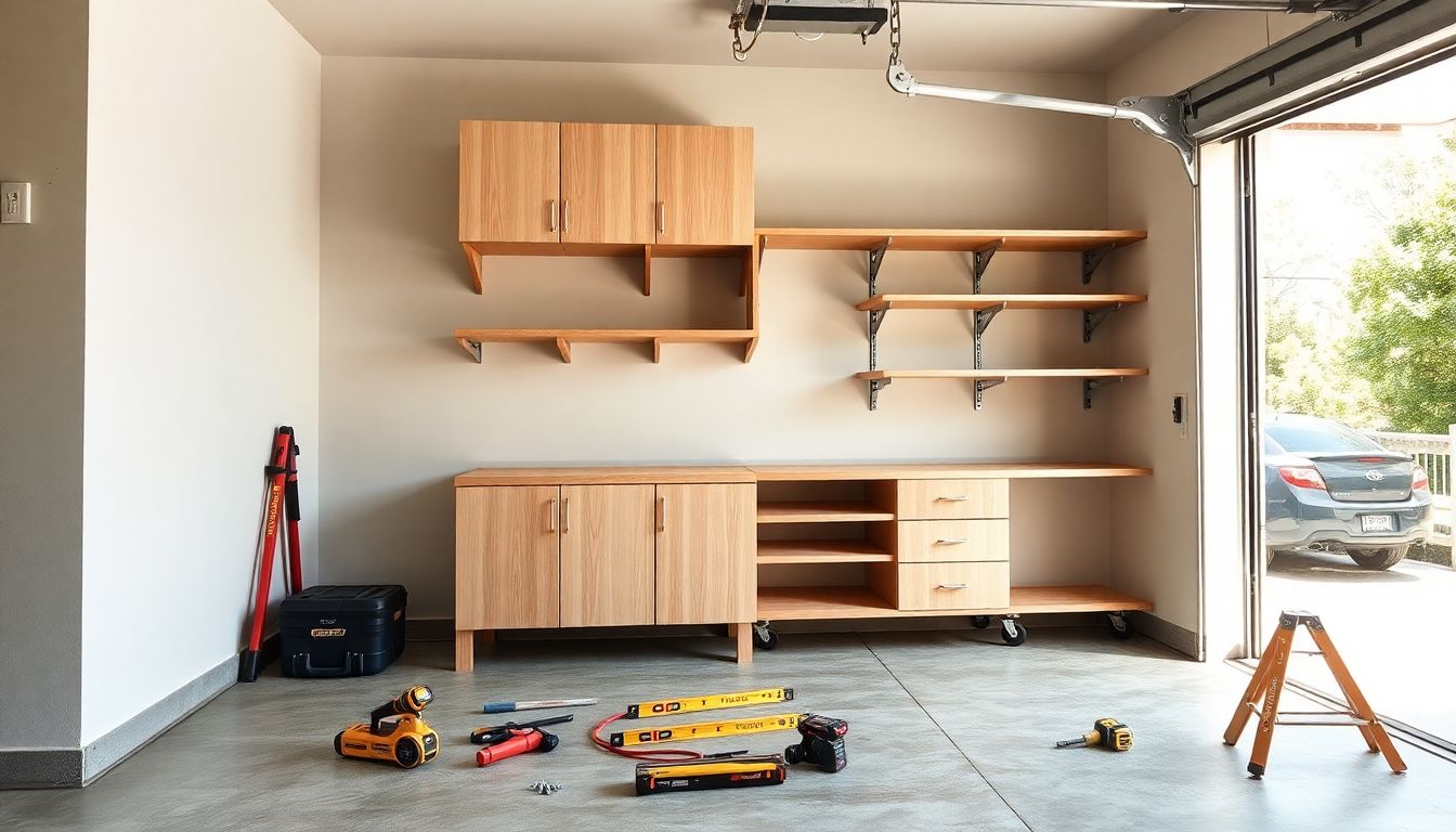 Wide shot of a partially installed custom garage cabinets system against a wall, showing brackets and shelves in mid-assembly, with tools like levels and screws scattered on the floor, illuminated by natural daylight from the garage door for even lighting and subtle shadows.