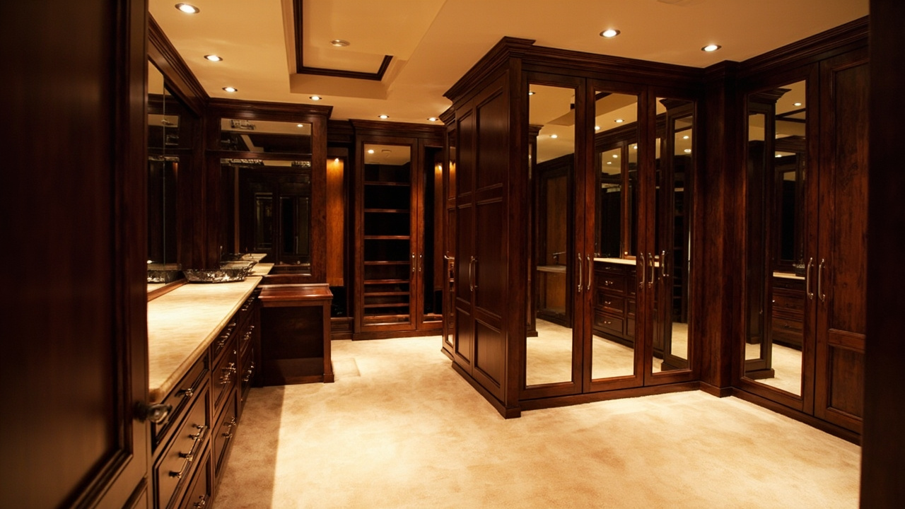 Opulent walk-in closet in a Houston home design featuring custom cabinets with rich textures and elegant lighting.