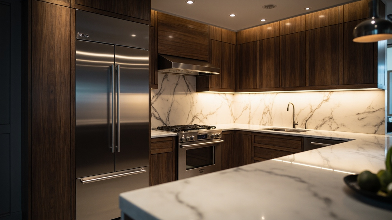 Visionary kitchen design featuring luxury appliances and custom cabinets under futuristic lighting, captured with a Hasselblad X2D 100C.