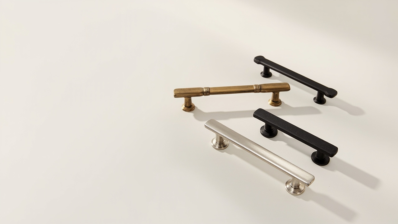 Selection of elegant hardware finishes including brushed nickel, antique brass, and matte black handles spotlighted for quality craftsmanship, ideal for Houston home design and custom cabinets.