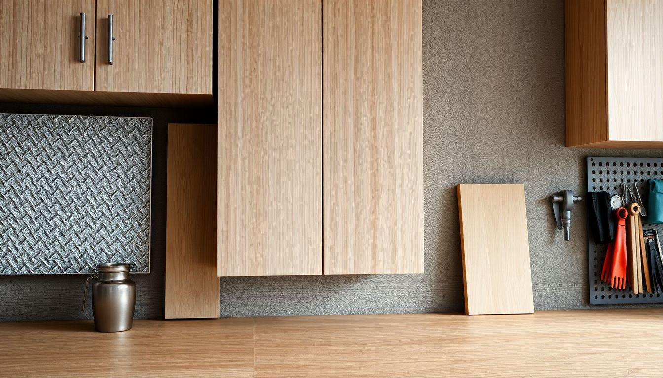 Close-up view of various materials for garage cabinets and custom garage cabinets, featuring textured metal panels, smooth laminate surfaces, and plywood edges arranged on a workbench in a garage, with soft lighting highlighting textures for effective garage storage solutions.