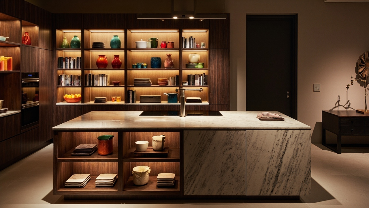 A sleek custom kitchen island featuring open shelving with colorful plates and cookbooks, emphasizing kitchen design ideas in Houston kitchen cabinets.