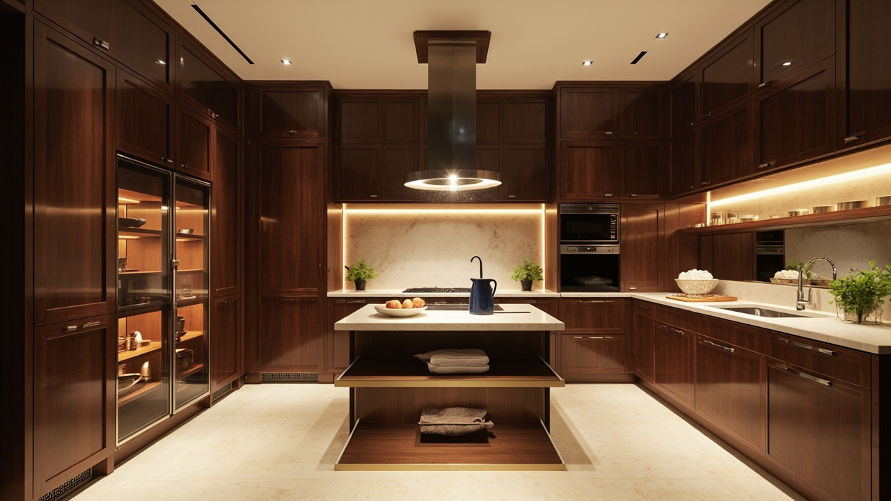 A dream kitchen design featuring custom kitchen cabinets with pull-out shelves and ceiling-height cabinets in a sleek contemporary style.