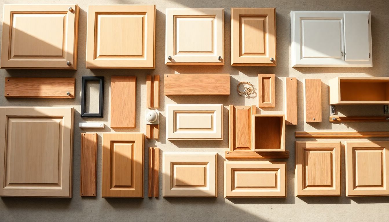 Flat lay of custom kitchen cabinets components including doors, shelves, and trim pieces arranged harmoniously on a neutral surface, highlighting textures under natural daylight, ideal for kitchen cabinet installation tips.