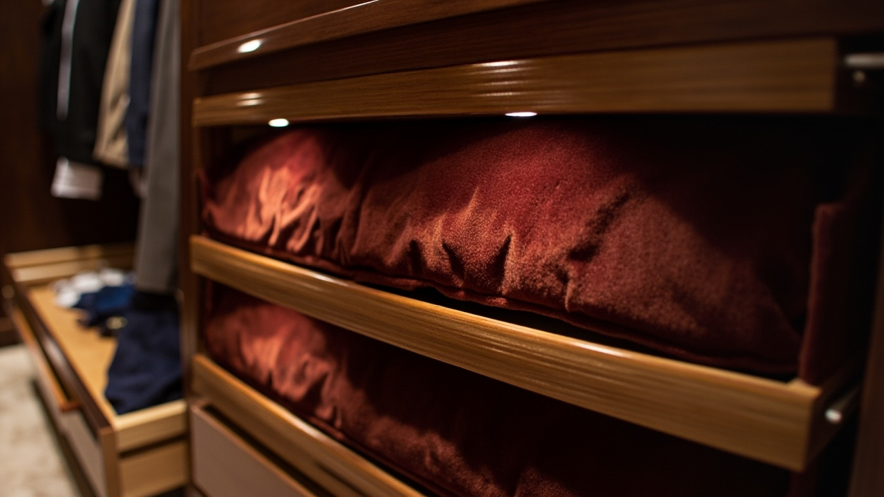 Close-up of custom velvet-lined drawers in a luxury closet, highlighting Houston home design with rich colors and gentle spotlighting.
