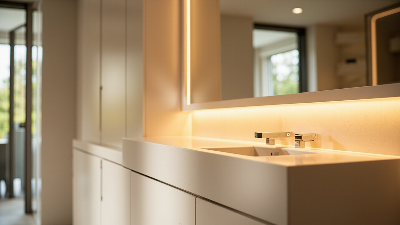 A modern bathroom featuring sleek cabinets with integrated LED lights by Evita Cabinets, creating a warm and inviting ambiance.
