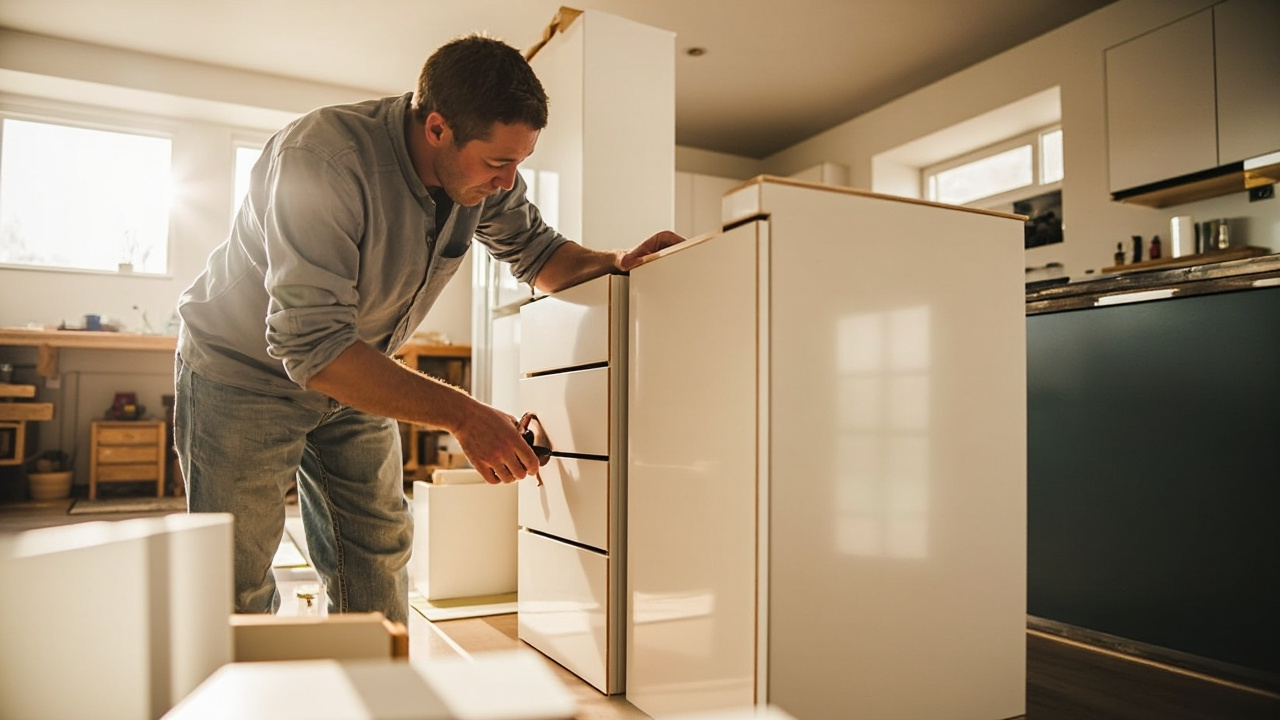 A DIY enthusiast assembling kitchen cabinets in a bright and airy workspace to save money on affordable upgrades.