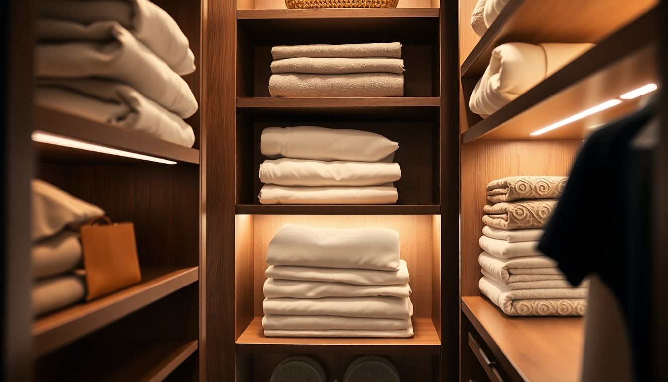 Close-up of custom walk-in closet shelves with integrated LED lighting illuminating folded linens and accessories, showcasing dream closet design and Houston custom cabinetry with warm white tones and subtle shadows.
