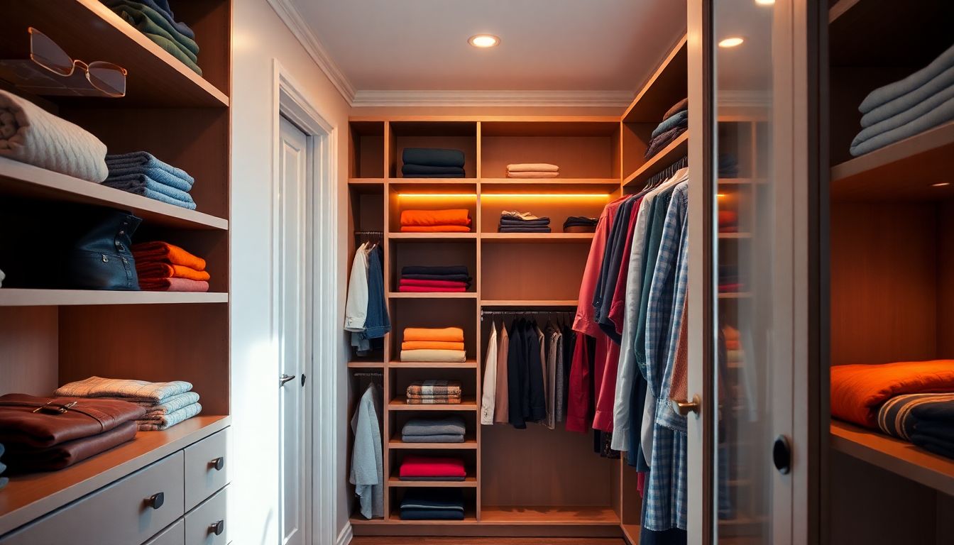 Interior view of a custom walk-in closet featuring dream closet design with colorful accents on shelves holding accessories and folded items, gentle morning light streaming through, emphasizing warmth and personalization from Houston custom cabinetry.