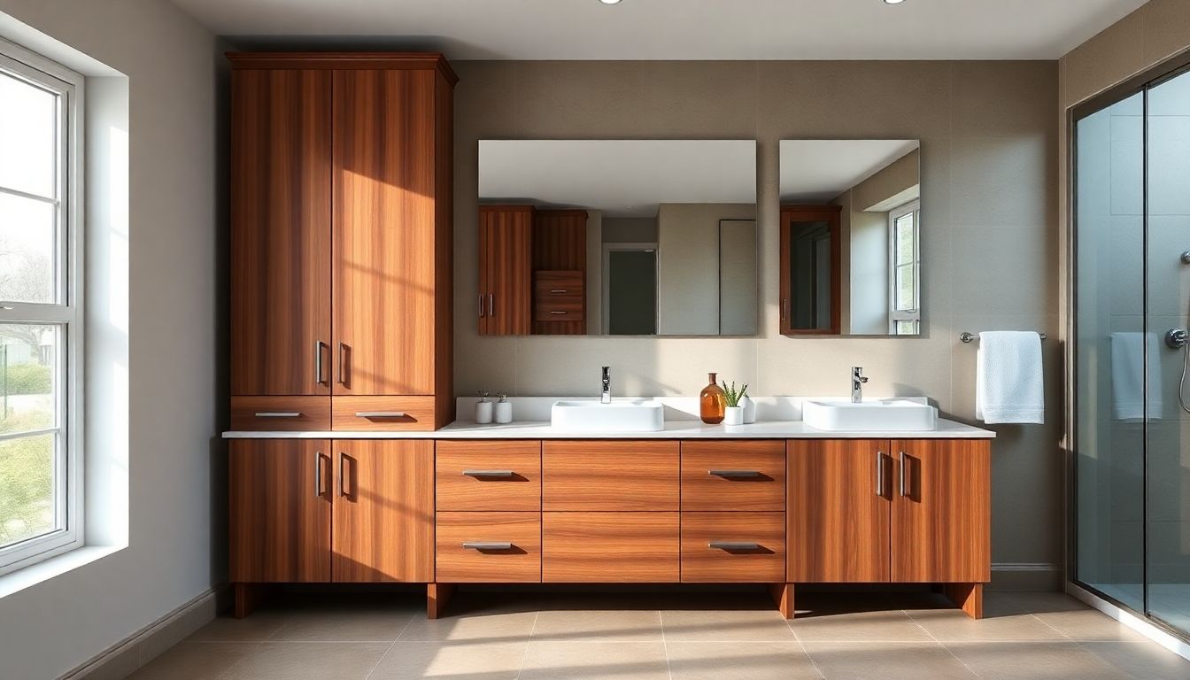 Wide-angle view of a modern bathroom vanity featuring low-maintenance cabinets in warm wood tones, integrated into a spacious room with tiled floors and mirror reflections showing clean architectural lines, under soft diffused natural light that highlights the durable cabinet materials and subtle wood grain details.