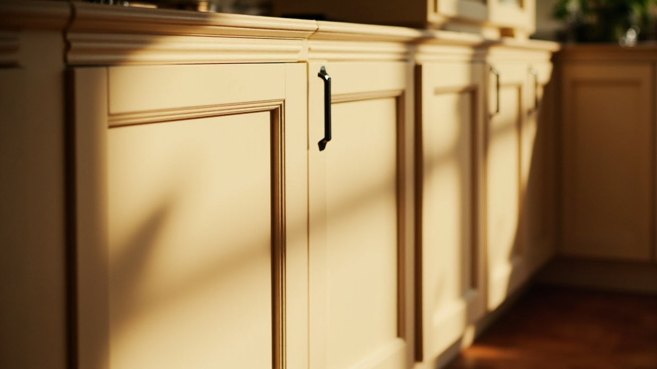 Kitchen interior with crown molding atop cabinets, custom cabinets with morning light, captured with Hasselblad X2D 100C.
