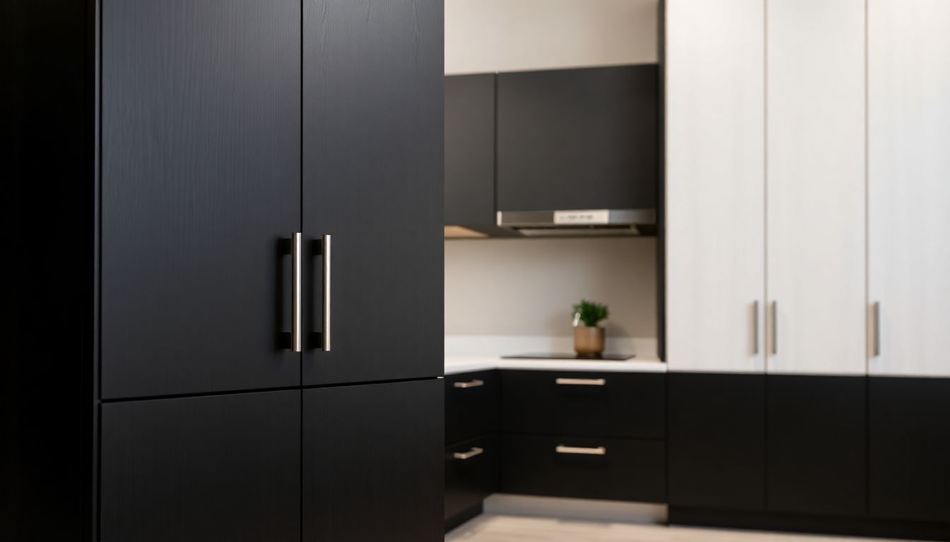 Abstract close-up of custom cabinetry in Houston, featuring two-tone finish with matte black lower panels and white upper ones, textured wood grain visible against a neutral wall in a modern living space, emphasizing simplicity and durability.