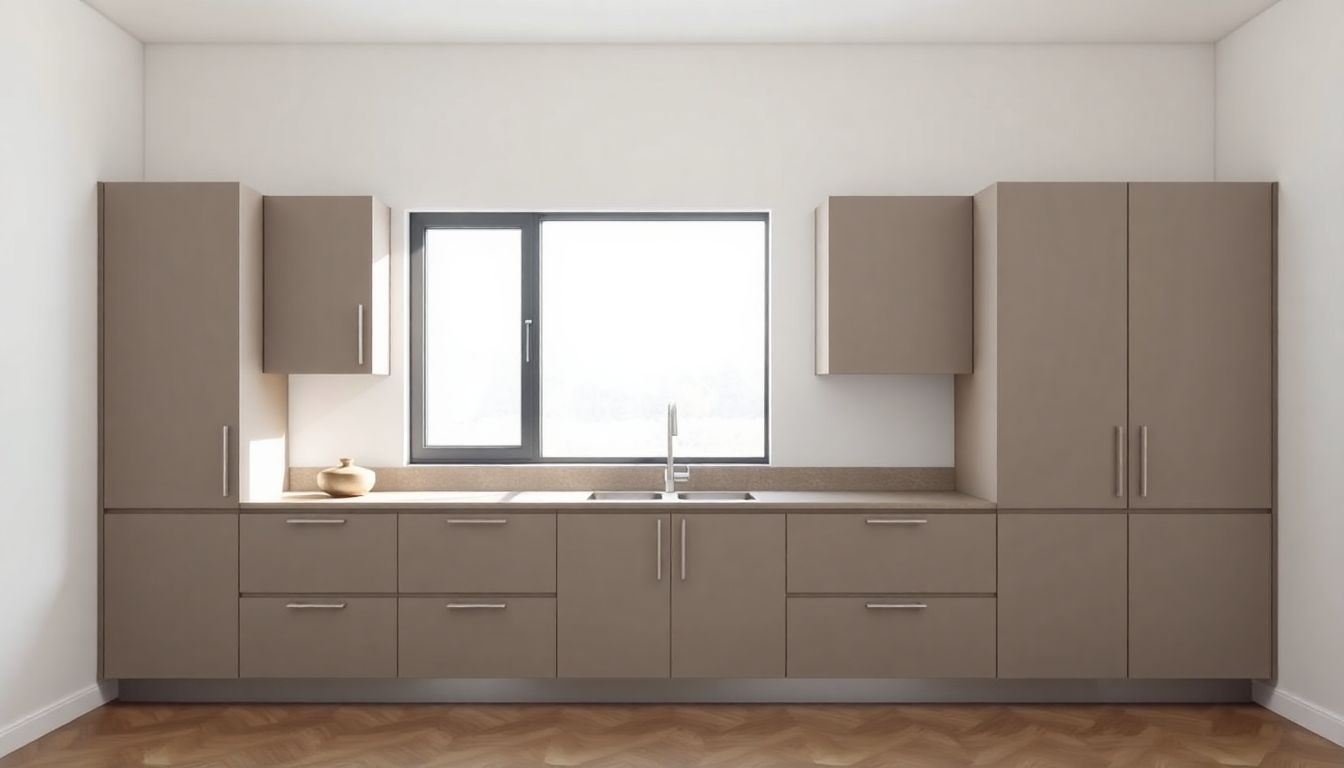 Wide-angle view of a minimalist kitchen with popular cabinet styles, showcasing custom kitchen cabinets with flat slab doors in matte finish against a neutral wall, bathed in natural daylight from a large window for a calm, spacious atmosphere.