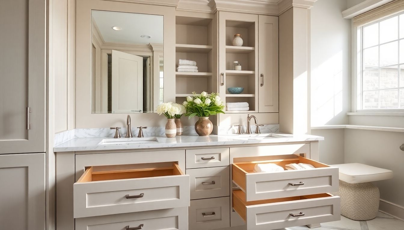 Intimate view of custom millwork in a bathroom vanity with open drawers revealing organized compartments, smooth water-resistant surfaces, and soft-focus background tiles, captured in a spa-like style for home transformation.