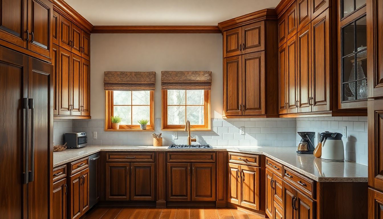Wide-angle photorealistic view of a traditional kitchen with custom kitchen cabinets featuring raised panel styles in rich wood tones, softly lit by natural overhead daylight to highlight intricate details and grain patterns, ideal for choosing cabinet style.
