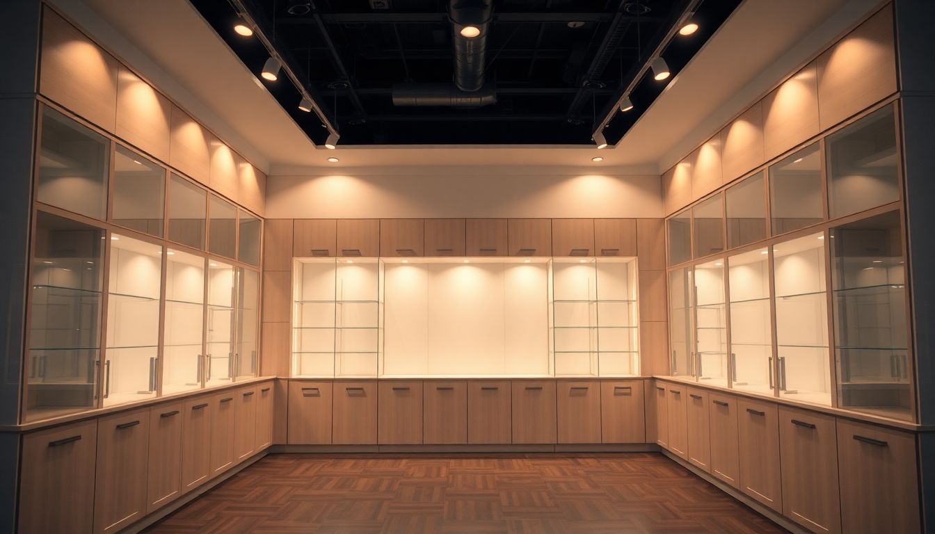 Wide shot of a contemporary retail display case featuring custom kitchen cabinets Houston from Evita Cabinets builders, with laminated cabinets, glass fronts, warm overhead lighting, and symmetrical modular design in an empty showroom.