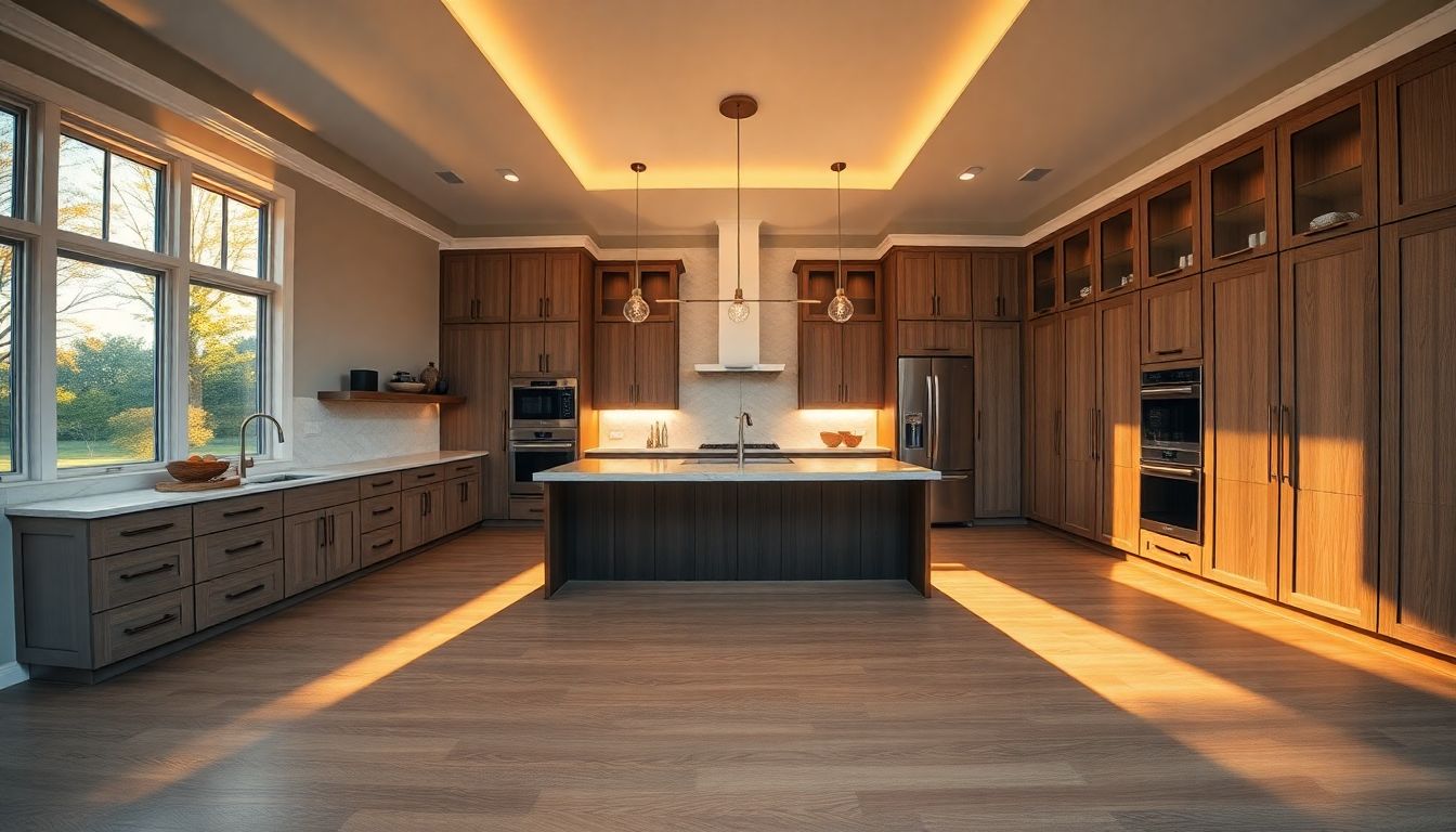 Expansive contemporary kitchen featuring custom kitchen cabinets integrated seamlessly with an open island, afternoon golden hour sunlight casting long warm shadows across the spacious floors, embodying current kitchen design trends for Houston homebuyers.