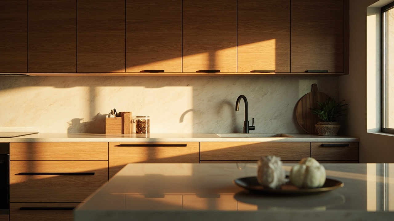 A contemporary kitchen with custom cabinets featuring innovative space solutions, located in a vibrant setting, photographed with a Canon EOS R10.
