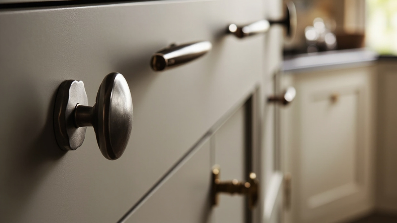 Stylish kitchen showcasing an array of cabinet knobs and pulls in finishes like brushed nickel and antique bronze, highlighting kitchen hardware elegance.