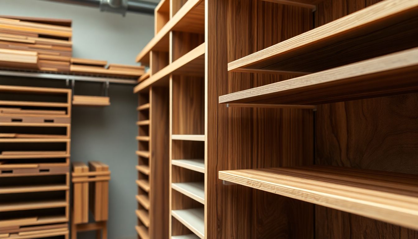 Tight shot of stacked ready to assemble closets components, including shelves and dividers in various wood finishes, arranged in a workshop with diffused natural light, emphasizing textures and precise edges for custom closet upgrades and affordable closet solutions.