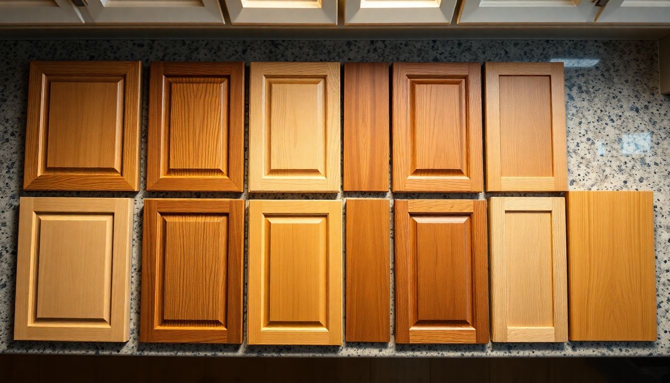 Overhead composition of a kitchen counter displaying various cabinet door samples in popular cabinet styles and natural wood finishes, highlighting custom kitchen cabinets and current design trends under soft, even lighting.