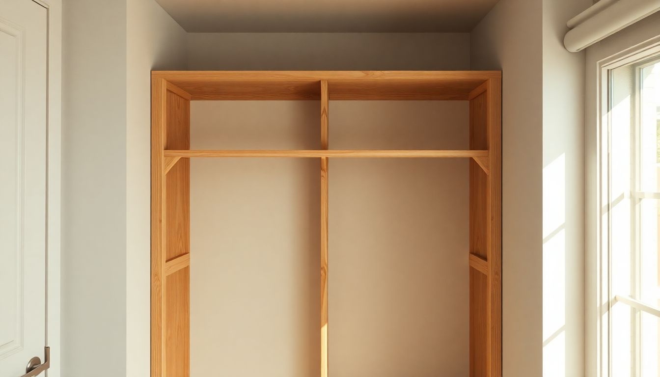 Overhead view of a partially assembled ready to assemble closet frame featuring interlocking wooden panels and rod supports in a sunlit room, with soft morning light casting shadows for depth, ideal for affordable closet solutions and custom closet upgrades.