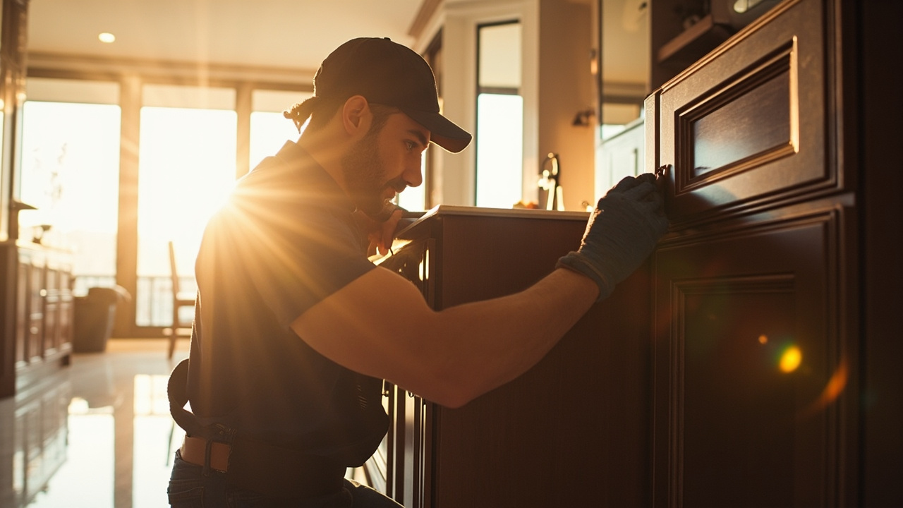 Professional installer placing custom cabinets in a Houston kitchen, highlighting precision and care.