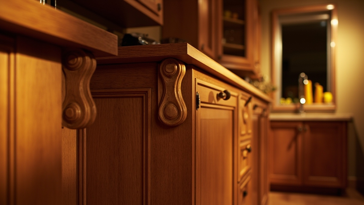 Cozy kitchen corner with custom cabinets featuring intricate corbels, captured on a Canon EOS R10.