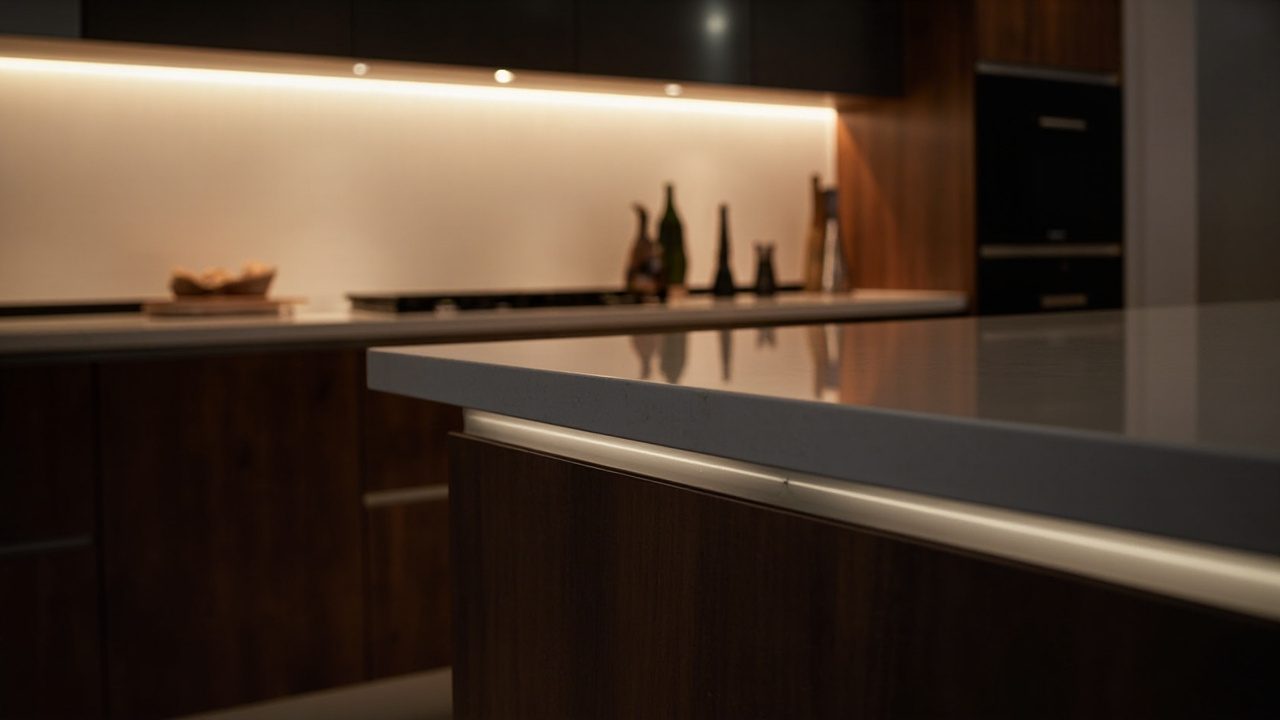 Close-up of a kitchen countertop with under-cabinet LED lighting showcasing sleek cabinet design tips and a warm ambiance at twilight.