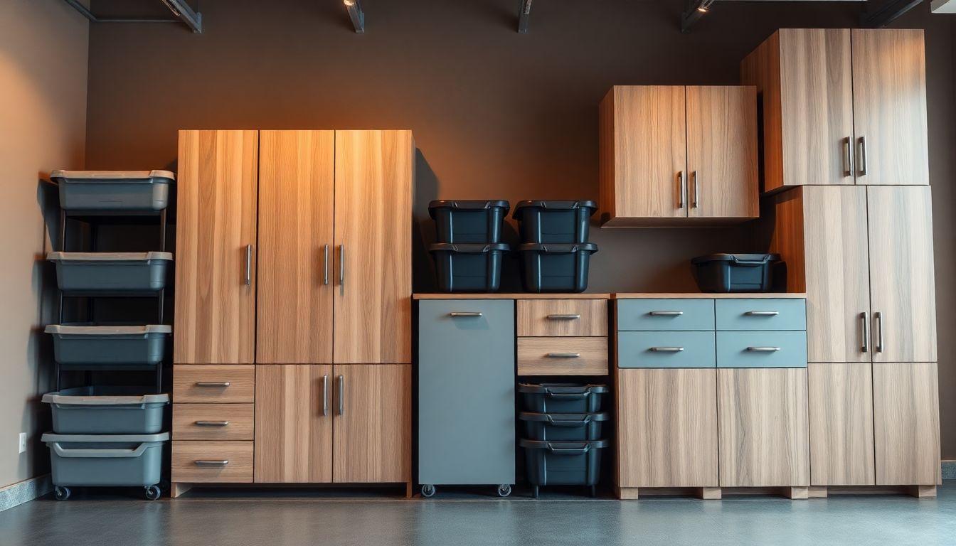 Abstract geometric arrangement of stacked garage storage bins and custom garage cabinets with varying finishes against a neutral garage wall, highlighted by warm LED lighting for a modern minimalist look.