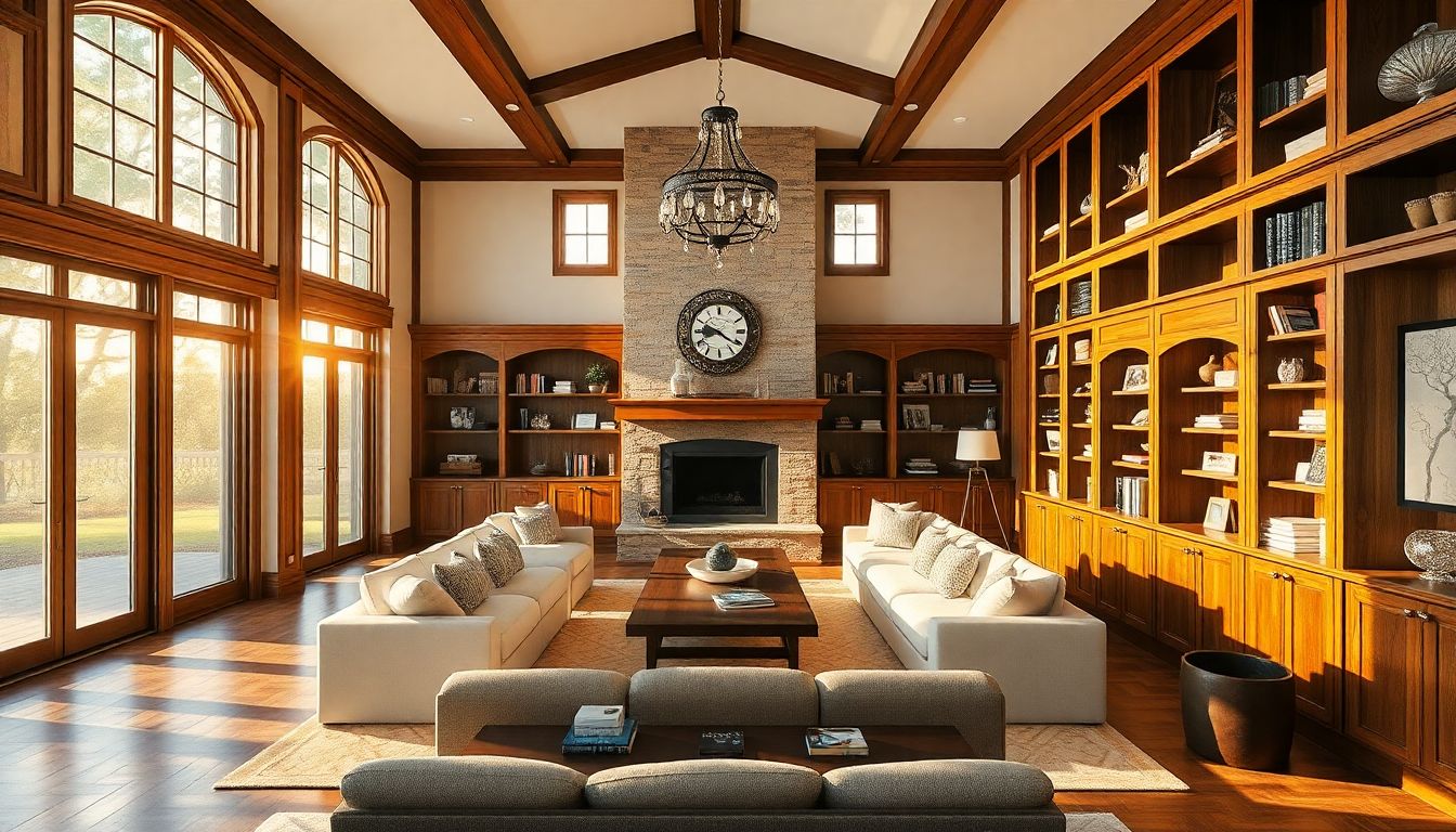 Expansive view of a transformed home interior featuring integrated custom millwork bookcases and custom cabinetry in Houston, illuminated by golden hour sunlight that highlights warm wood tones and spatial harmony for a comforting, permanent aesthetic.