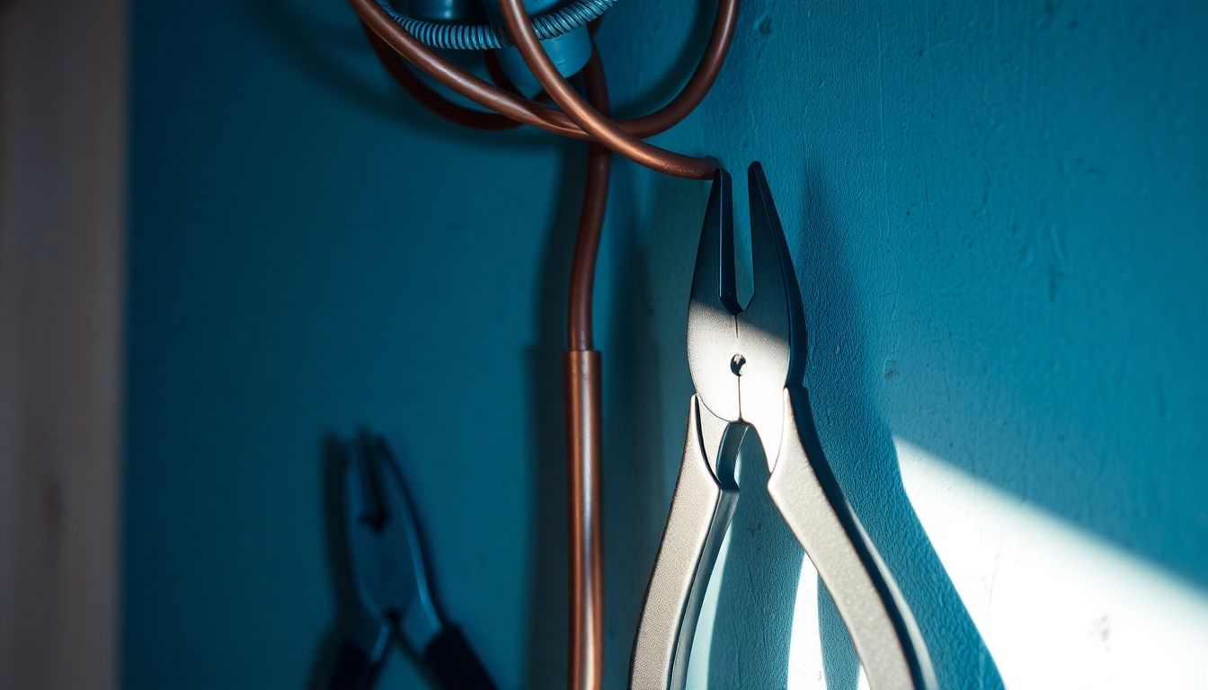 Detailed view of exposed kitchen wiring and copper pipes on a drywall background during kitchen remodel preparation for custom kitchen cabinets in Houston, with wire strippers and pliers nearby, dramatic side lighting highlighting metallic textures.