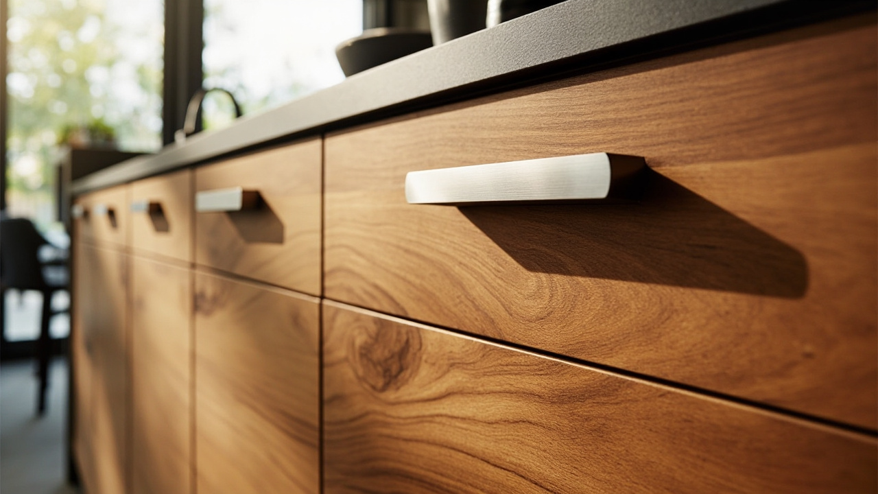 Close-up of a custom cabinetry kitchen cabinet in Houston showcasing exquisite wood grain and modern stainless steel hardware, by Evita Cabinets.