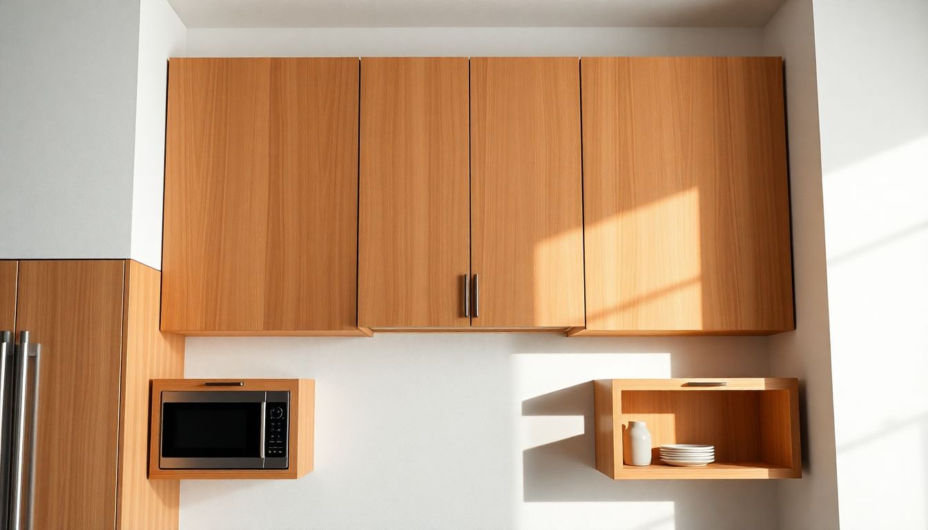 Overhead angle of upper and base custom kitchen cabinets installed on a plain wall in a minimalist kitchen, showcasing seamless alignment, sturdy construction with visible wood joints and hardware, ideal for kitchen cabinet installation tips.