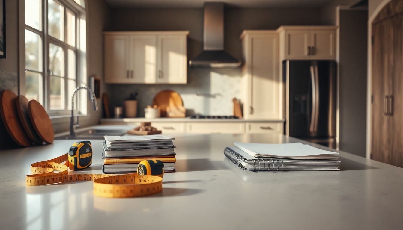 Wide shot of organized kitchen remodel preparation tools on a clean countertop, including tape measures, notebooks, and wood samples for custom kitchen cabinets in Houston, arranged neatly in warm afternoon light.