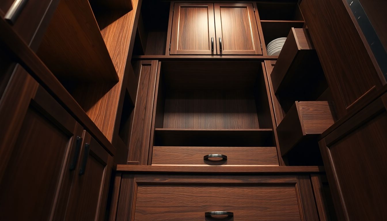Dramatic low-angle shot of custom cabinetry in a luxury kitchen, featuring layered storage with open compartments and closed drawers in rich wood tones, highlighting Houston custom cabinets craftsmanship with deep contrasts and sharp details.
