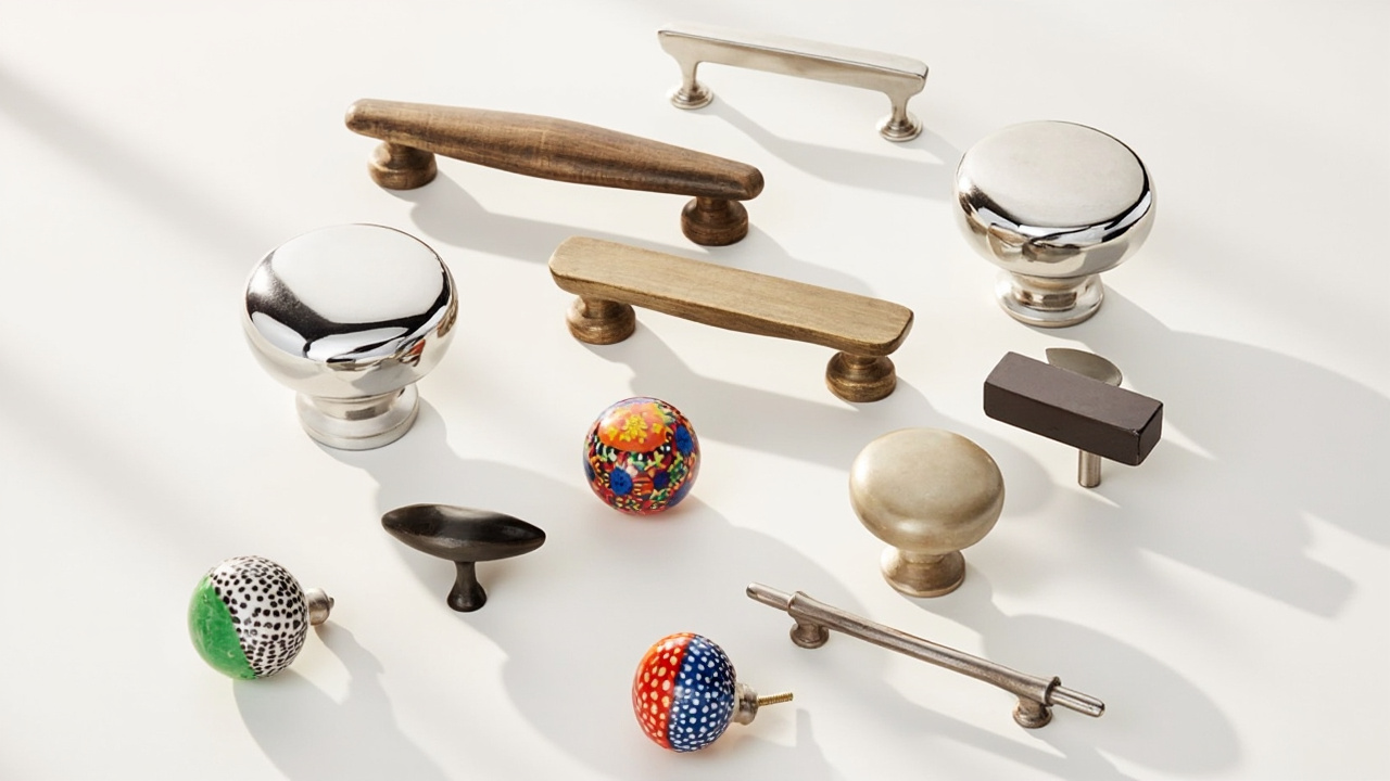An array of kitchen cabinet hardware including stainless steel knobs, bronze pulls, and ceramic knobs on a neutral background.