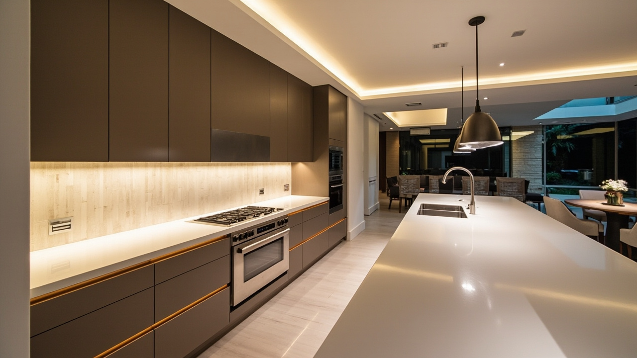 Spacious, modern open-plan kitchen with custom cabinetry, quartz countertops, and integrated LED lighting, showcasing luxury and sophistication.